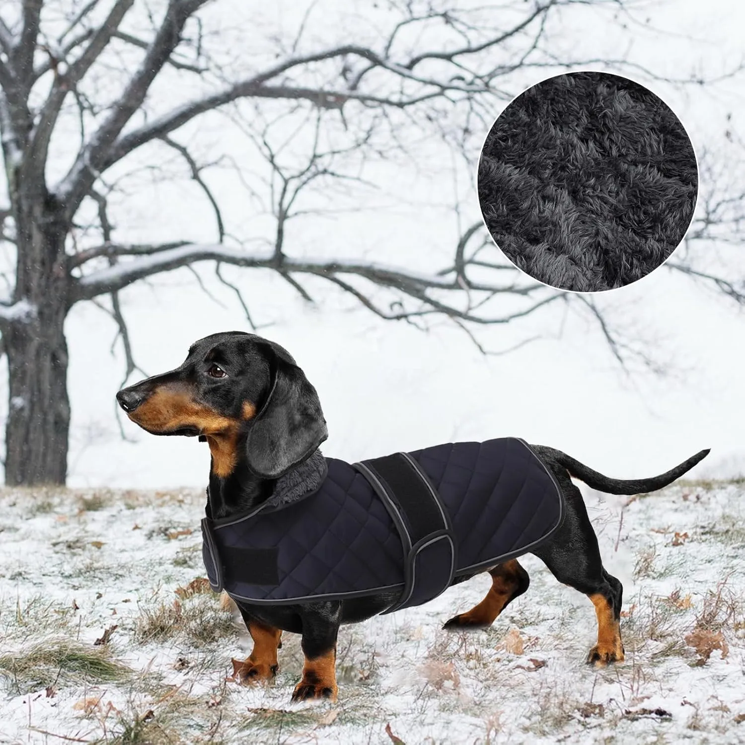 Warm Thermal Quilted Dachshund Coat, Dog Winter Coat with Warm Fleece Lining, Outdoor Dog Apparel with Adjustable Bands for Medium, Large Dog-Dark Blue-L