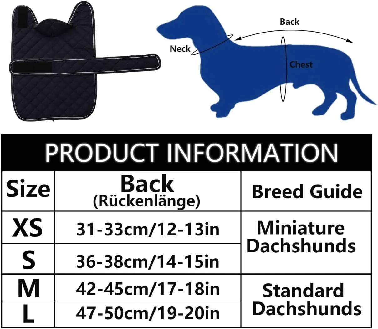 Warm Thermal Quilted Dachshund Coat, Dog Winter Coat with Warm Fleece Lining, Outdoor Dog Apparel with Adjustable Bands for Medium, Large Dog-Dark Blue-L