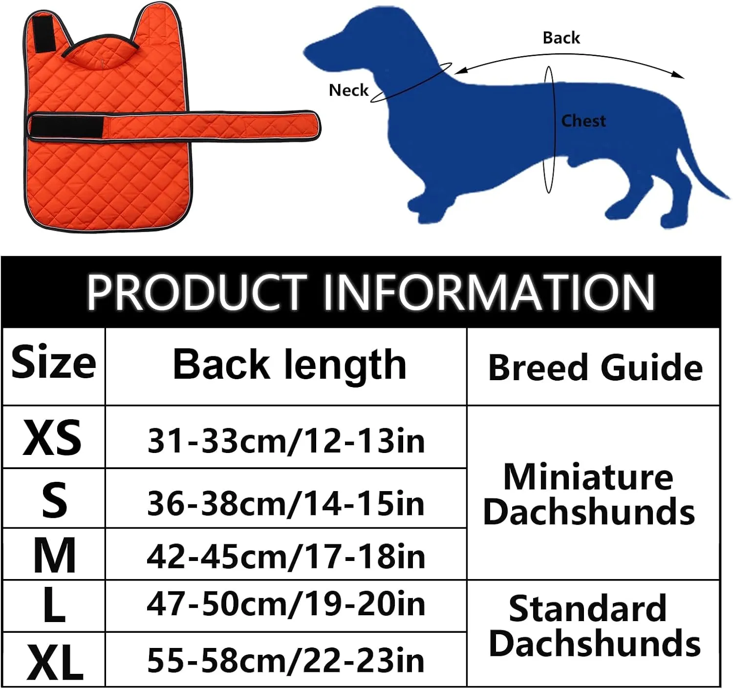 Warm Thermal Quilted Dachshund Coat, Dog Winter Coat with Warm Fleece Lining, Outdoor Dog Apparel with Adjustable Bands for Medium, Large Dog-Orange-L