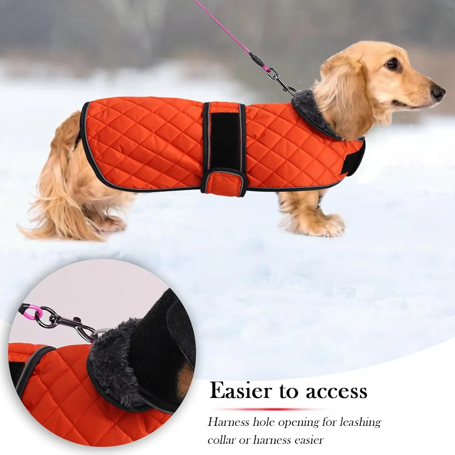 Warm Thermal Quilted Dachshund Coat, Dog Winter Coat with Warm Fleece Lining, Outdoor Dog Apparel with Adjustable Bands for Medium, Large Dog-Orange-L