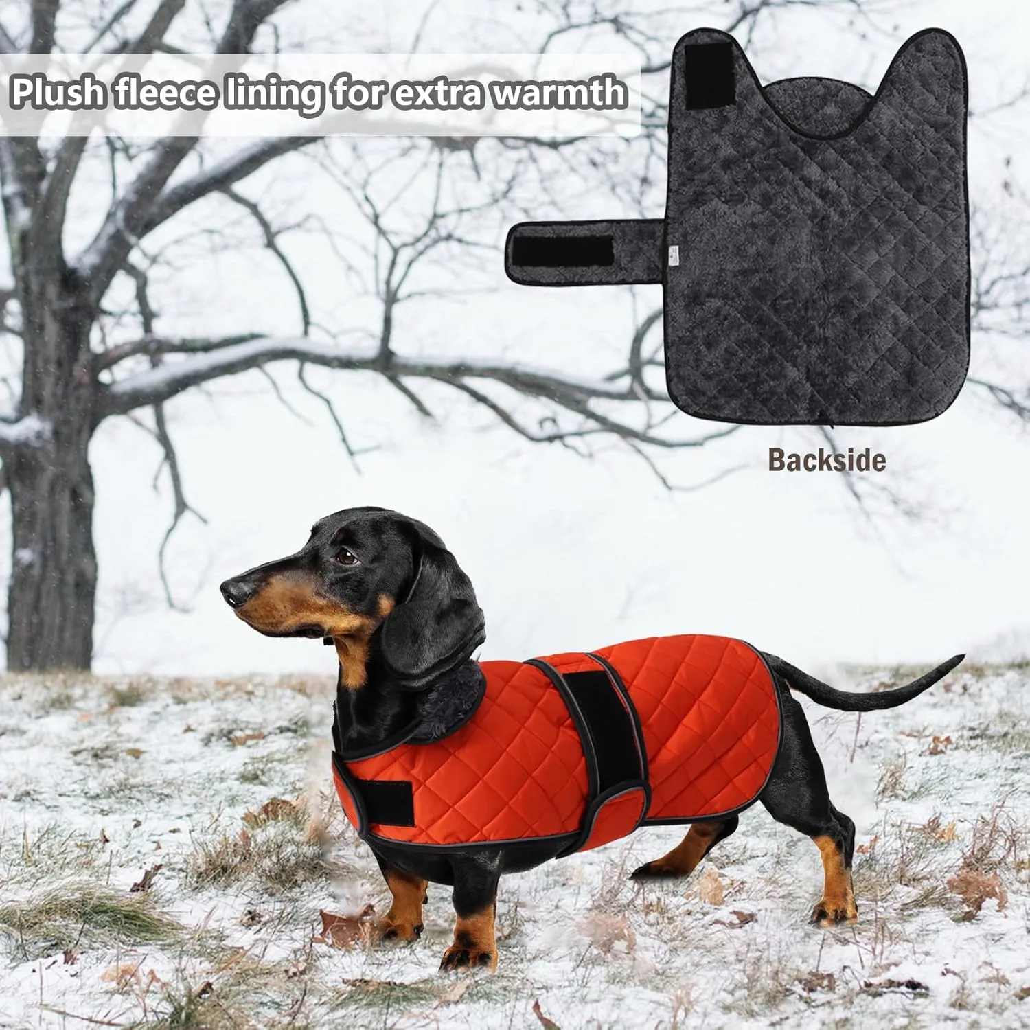 Warm Thermal Quilted Dachshund Coat, Dog Winter Coat with Warm Fleece Lining, Outdoor Dog Apparel with Adjustable Bands for Medium, Large Dog-Orange-L