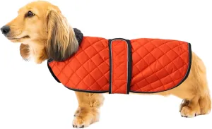 Warm Thermal Quilted Dachshund Coat, Dog Winter Coat with Warm Fleece Lining, Outdoor Dog Apparel with Adjustable Bands for Medium, Large Dog-Orange-L
