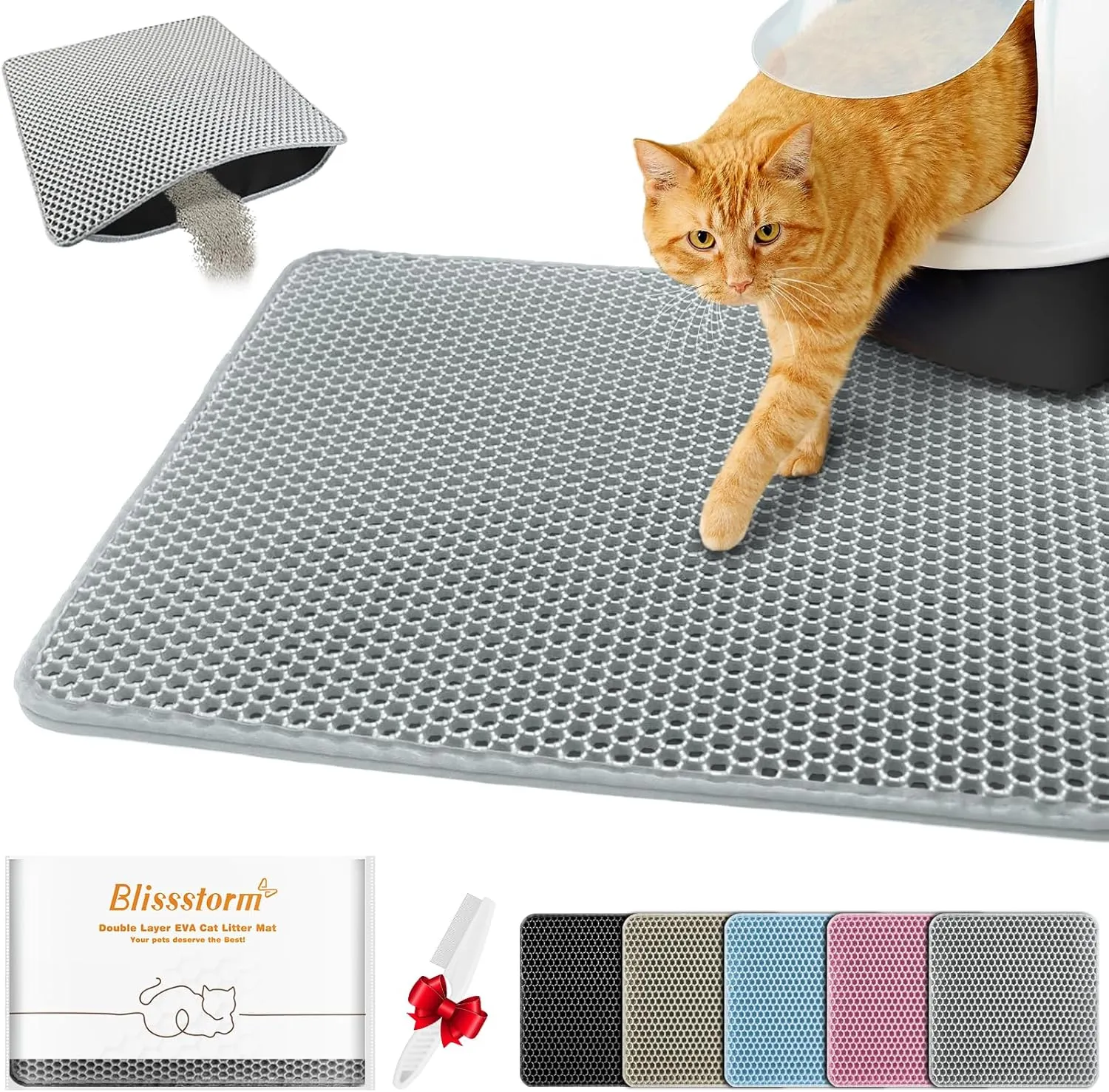 Waterproof Cat Litter Mat, Double Layer EVA, Odor-Free Large Grid, Urine Proof, Easy Cleanup (Gray, 16 x 20)