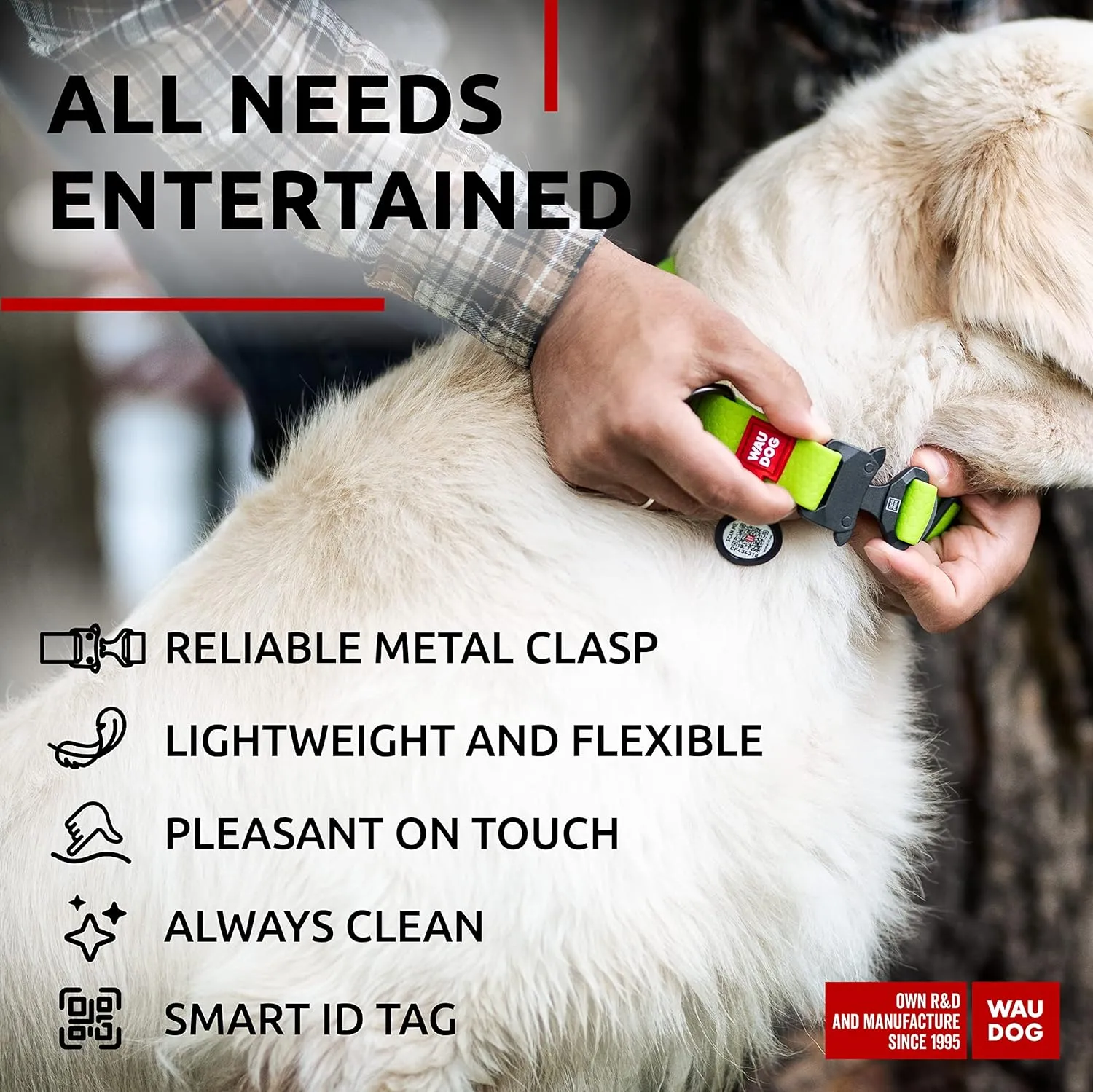 WAUDOG Waterproof Dog Collar - Adjustable Dog Collar for Large Dogs, Small and Medium Dogs - Heavy Duty Dog Collars with Durable Metal Clasp and QR Dog Tag - Boy & Girl Dog Collars