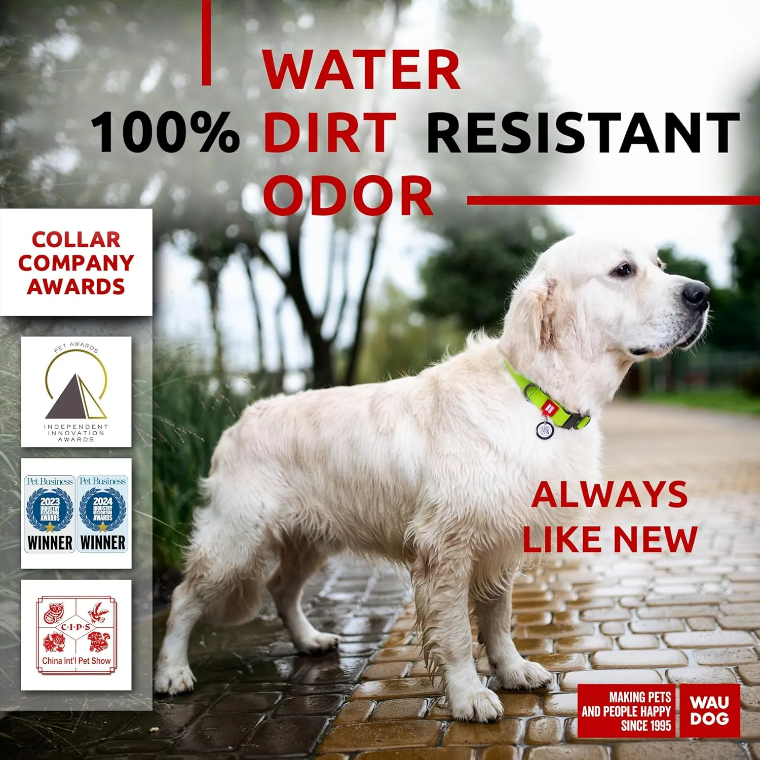 WAUDOG Waterproof Dog Collar - Adjustable Dog Collar for Large Dogs, Small and Medium Dogs - Heavy Duty Dog Collars with Durable Metal Clasp and QR Dog Tag - Boy & Girl Dog Collars