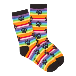 Women's Rainbow Stripe Paw Prints Crew Socks ^