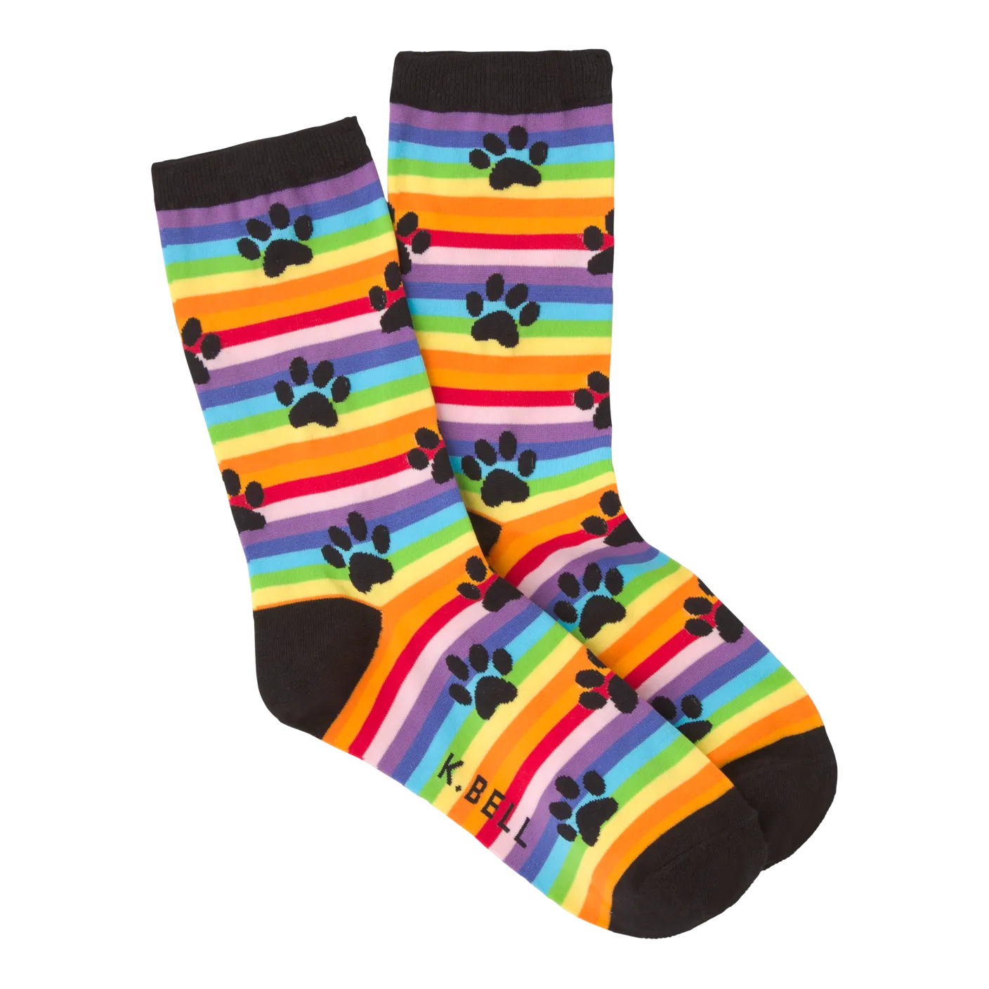 Women's Rainbow Stripe Paw Prints Crew Socks ^
