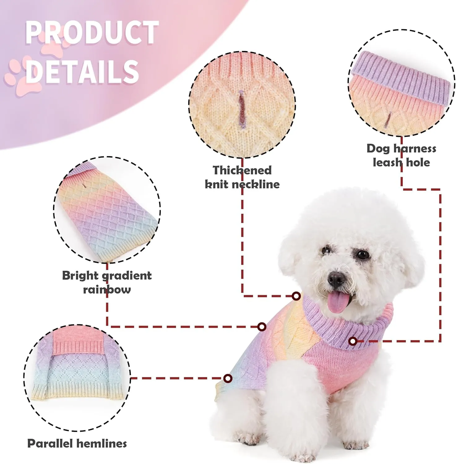 WOYYHO Colorful Knitted Dog Sweater with Leash Hole Turtleneck Puppy Sweaters Warm Dog Winter Clothes for Chihuahua Yorkies Havanese (Large, Rainbow Colors)