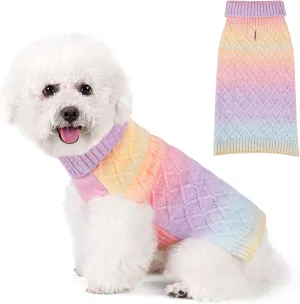 WOYYHO Colorful Knitted Dog Sweater with Leash Hole Turtleneck Puppy Sweaters Warm Dog Winter Clothes for Chihuahua Yorkies Havanese (Large, Rainbow Colors)