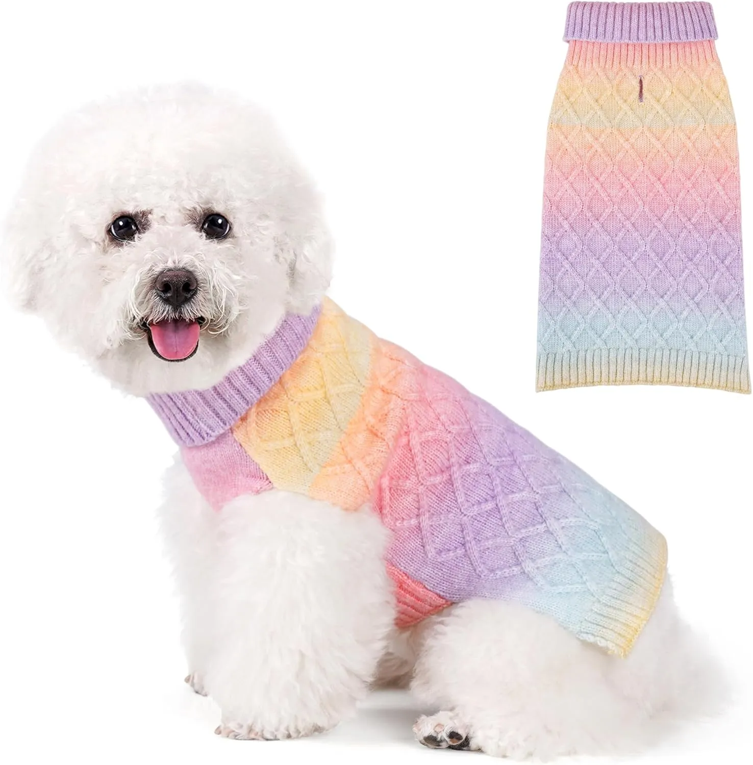 WOYYHO Colorful Knitted Dog Sweater with Leash Hole Turtleneck Puppy Sweaters Warm Dog Winter Clothes for Chihuahua Yorkies Havanese (Large, Rainbow Colors)