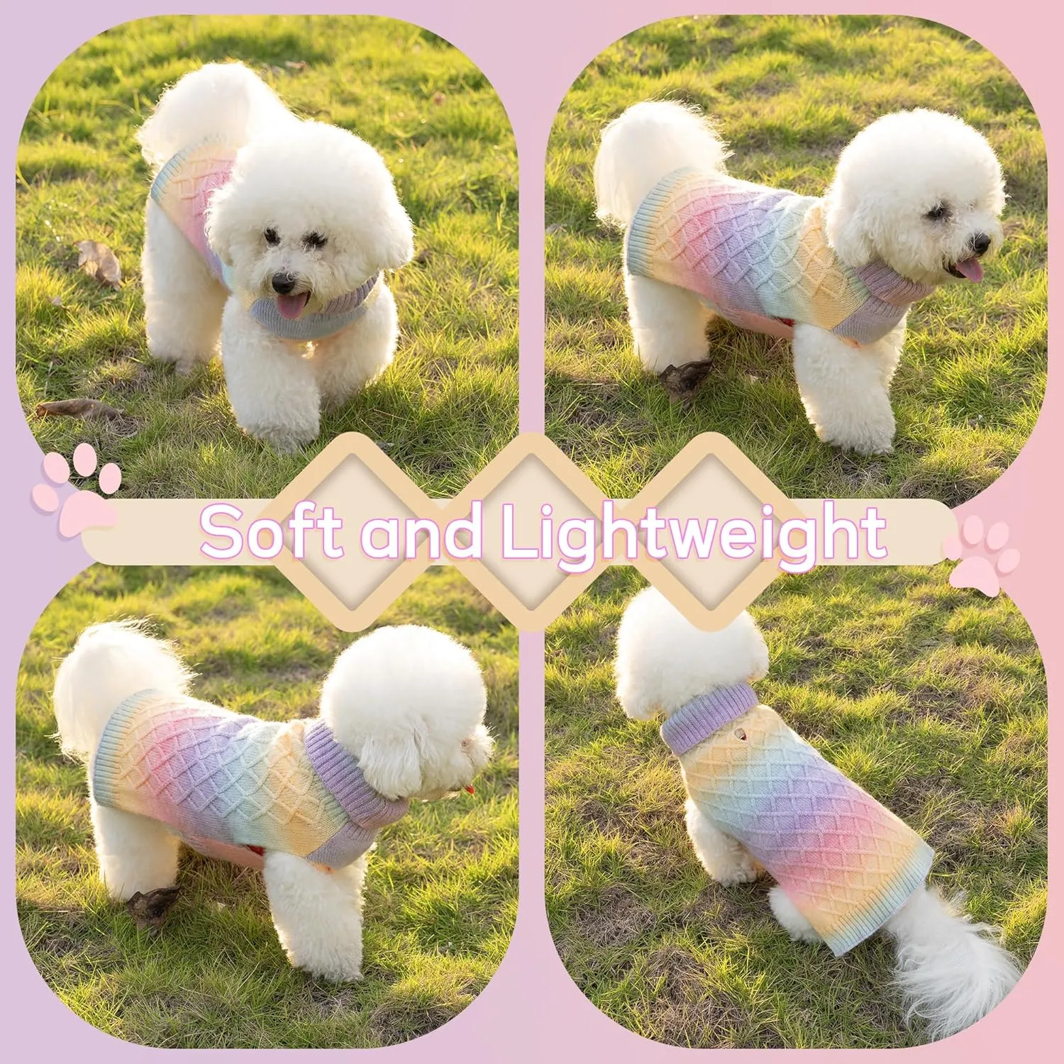WOYYHO Colorful Knitted Dog Sweater with Leash Hole Turtleneck Puppy Sweaters Warm Dog Winter Clothes for Chihuahua Yorkies Havanese (Large, Rainbow Colors)