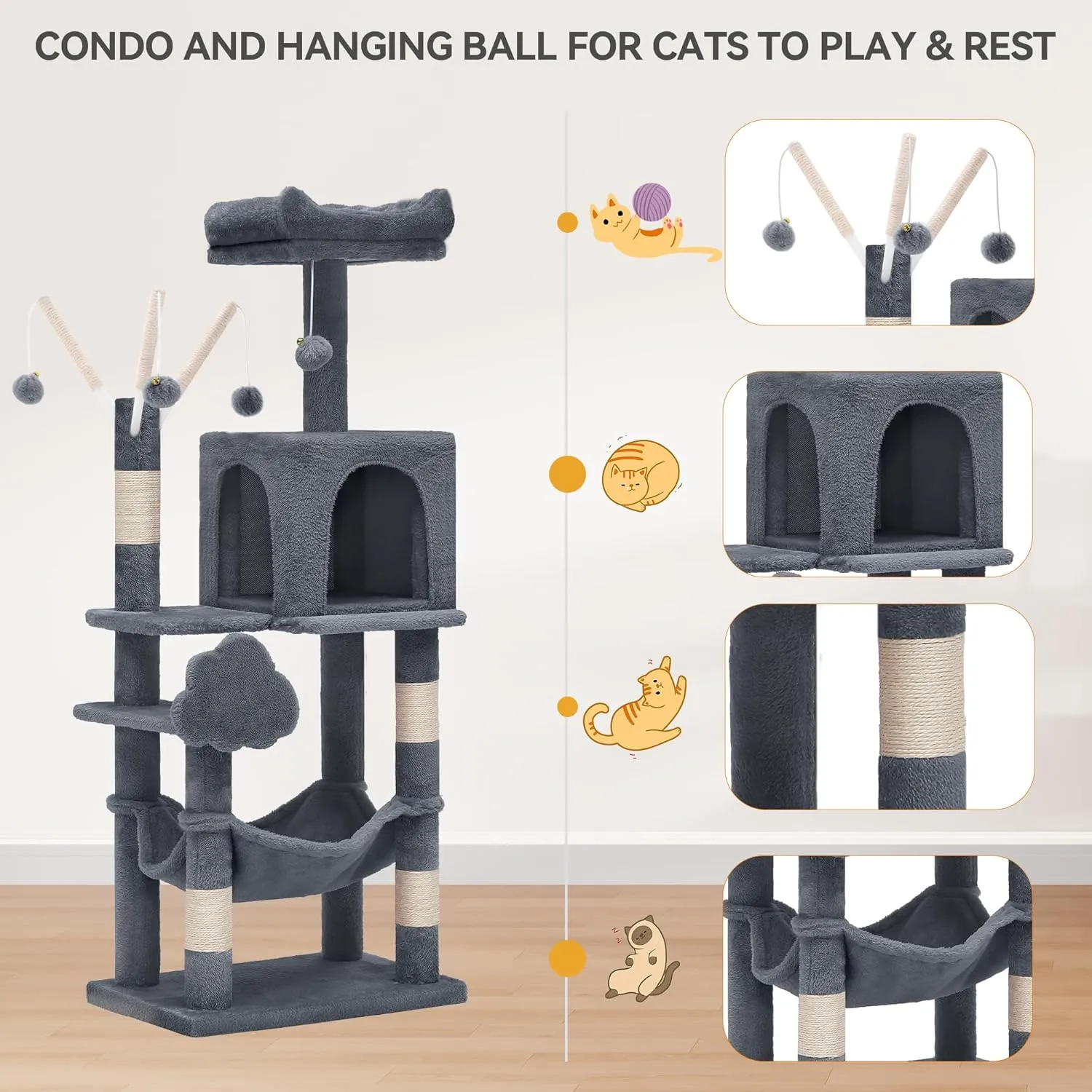 YITAHOME 44in Multi-Level Cat Tree for Indoor Kittens, Cat Furniture with Scratch Posts, Window Padded Plush Perch, Comfortable Hammock, and Interactive Pompoms, Dark Gray