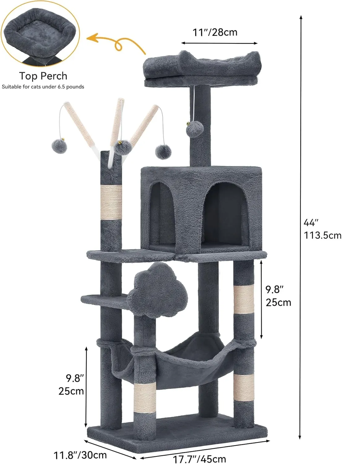 YITAHOME 44in Multi-Level Cat Tree for Indoor Kittens, Cat Furniture with Scratch Posts, Window Padded Plush Perch, Comfortable Hammock, and Interactive Pompoms, Dark Gray