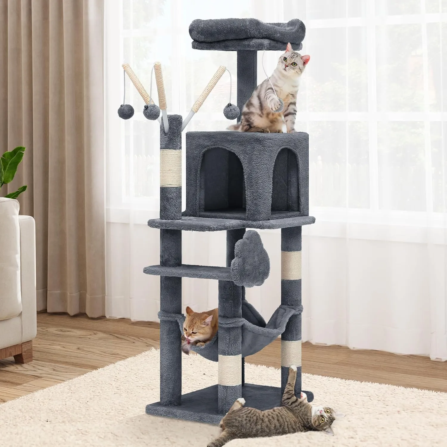 YITAHOME 44in Multi-Level Cat Tree for Indoor Kittens, Cat Furniture with Scratch Posts, Window Padded Plush Perch, Comfortable Hammock, and Interactive Pompoms, Dark Gray